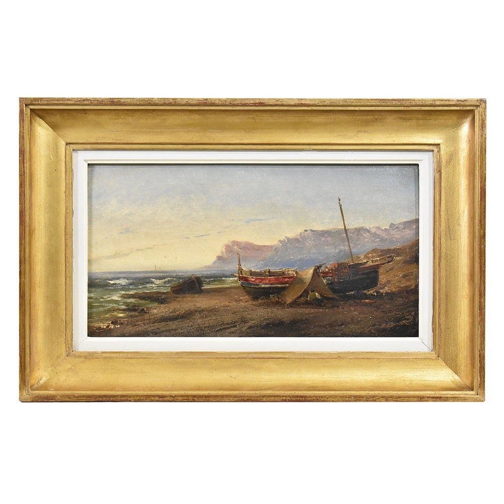 DIPINTI ANTICHI, QUADRI MARE, MARINA CON COSTA, PITTURA AD OLIO SU TAVOLA, DELL 800. (QM476)