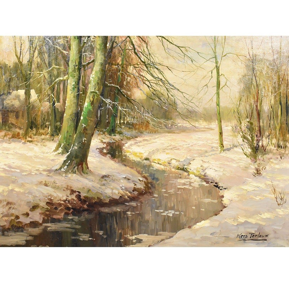 QUADRO ANTICO PAESAGGIO CON NEVE, OLIO SU TELA, PAESAGGIO CON FIUME, PRIMI DEL 1900. (QP529)-photo-2