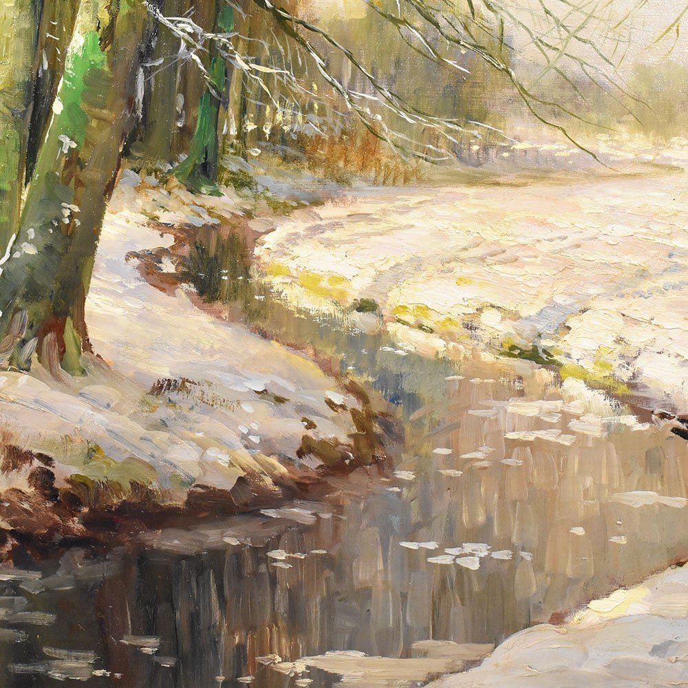 QUADRO ANTICO PAESAGGIO CON NEVE, OLIO SU TELA, PAESAGGIO CON FIUME, PRIMI DEL 1900. (QP529)-photo-1