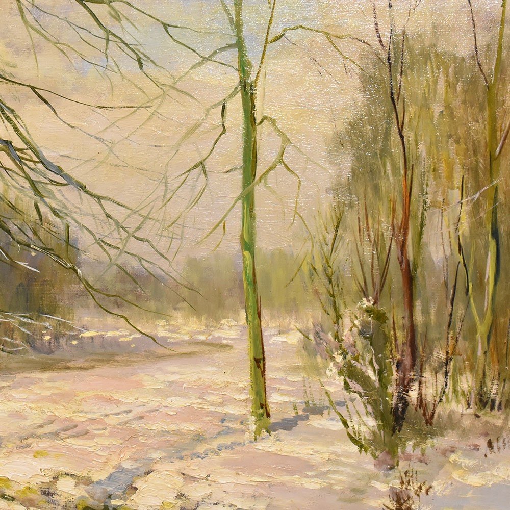 QUADRO ANTICO PAESAGGIO CON NEVE, OLIO SU TELA, PAESAGGIO CON FIUME, PRIMI DEL 1900. (QP529)-photo-2