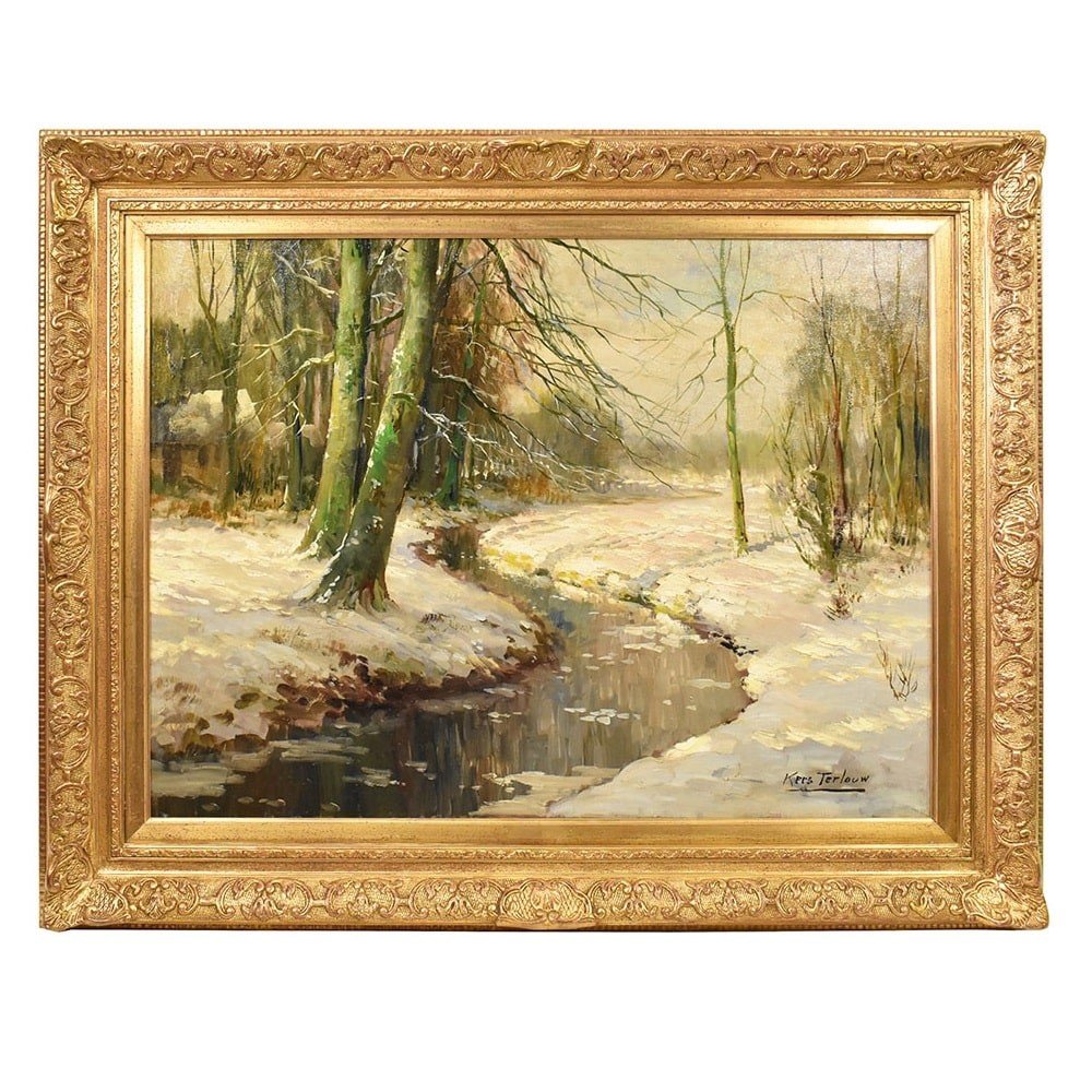 QUADRO ANTICO PAESAGGIO CON NEVE, OLIO SU TELA, PAESAGGIO CON FIUME, PRIMI DEL 1900. (QP529)