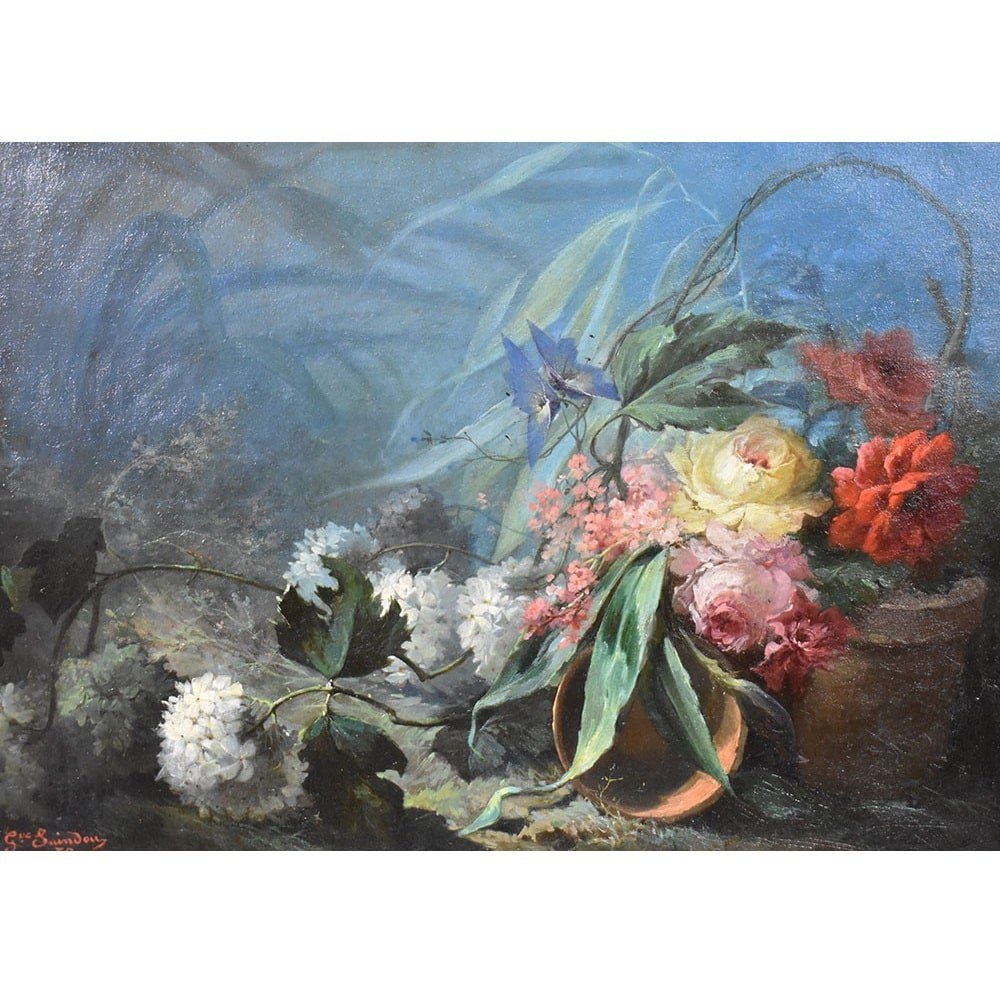 QUADRI ANTICHI, NATURA MORTA CON FIORI, ROSE E ORTENSIE, OLIO SU TELA, DELL 800. (QF557)-photo-2