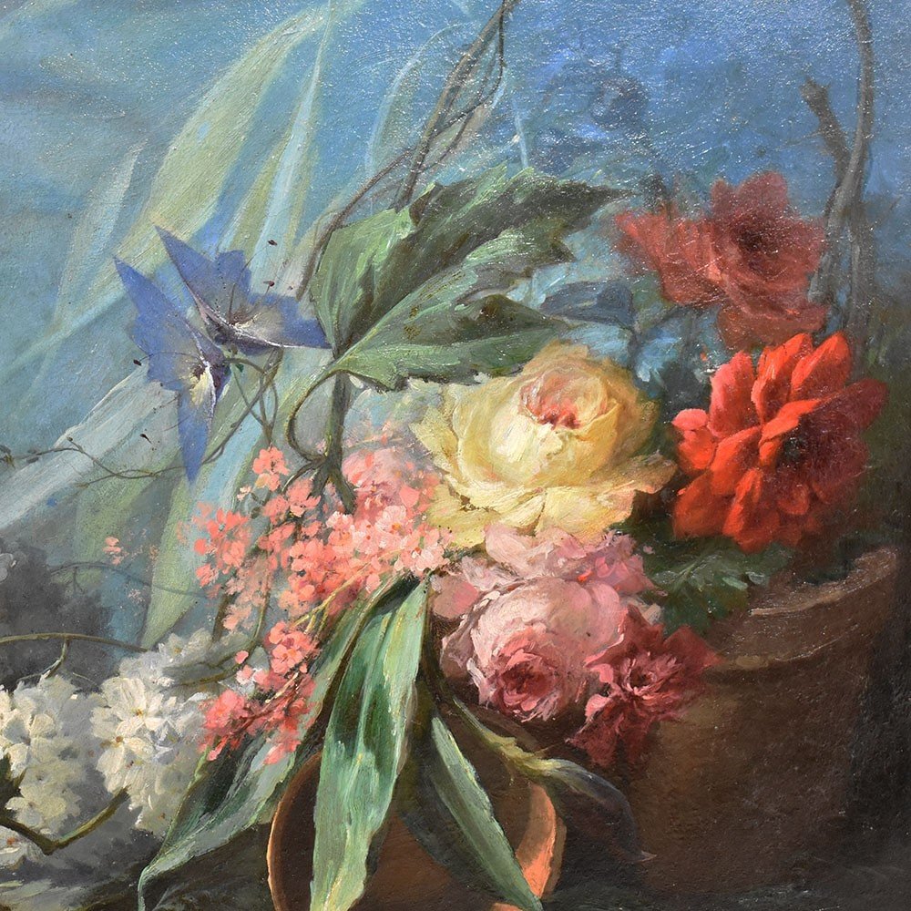 QUADRI ANTICHI, NATURA MORTA CON FIORI, ROSE E ORTENSIE, OLIO SU TELA, DELL 800. (QF557)-photo-3