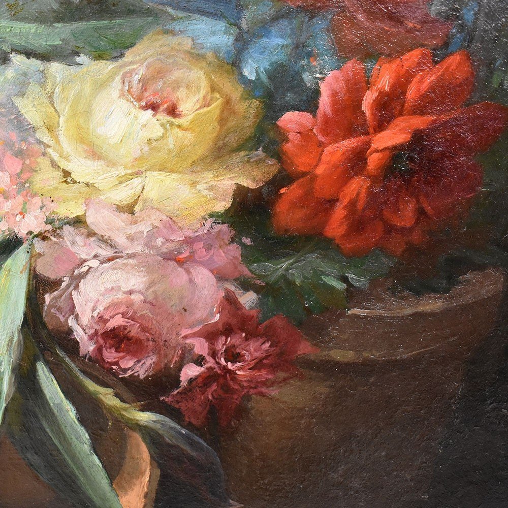 QUADRI ANTICHI, NATURA MORTA CON FIORI, ROSE E ORTENSIE, OLIO SU TELA, DELL 800. (QF557)-photo-4