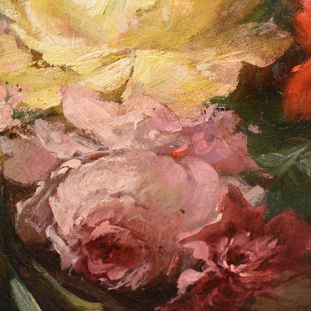 QUADRI ANTICHI, NATURA MORTA CON FIORI, ROSE E ORTENSIE, OLIO SU TELA, DELL 800. (QF557)-photo-4