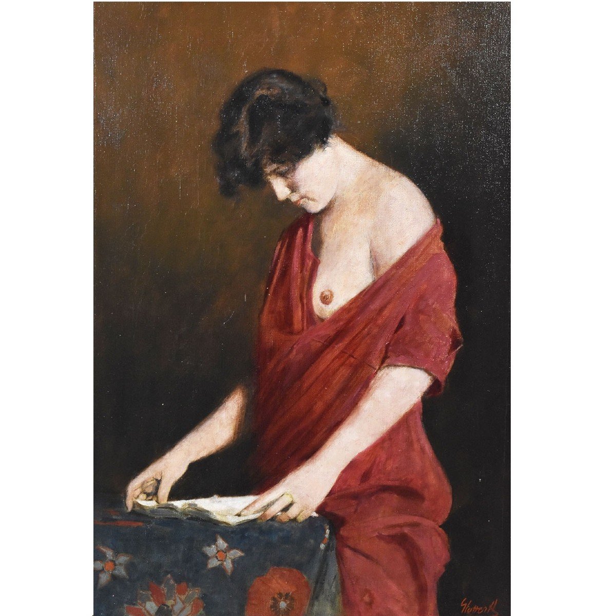 DIPINTI ANTICHI, RITRATTI DI DONNA CHE LEGGE CON SENO SCOPERTO, OLIO SU TELA, 1800. (QR589)-photo-2
