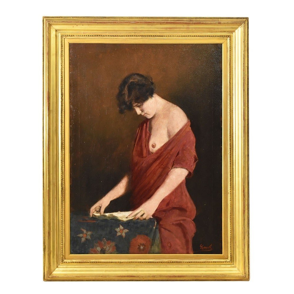 DIPINTI ANTICHI, RITRATTI DI DONNA CHE LEGGE CON SENO SCOPERTO, OLIO SU TELA, 1800. (QR589)