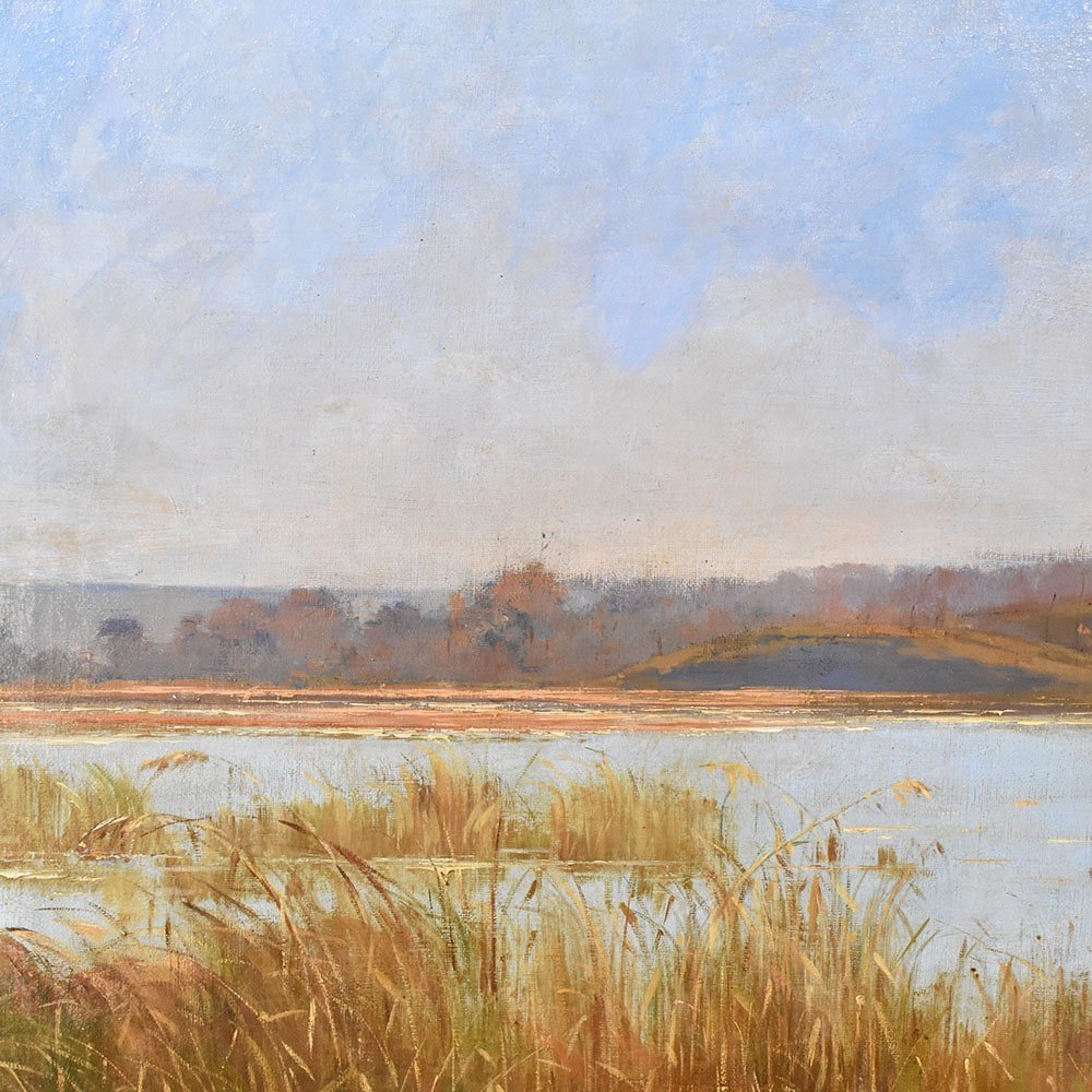 DIPINTI ANTICHI PAESAGGI, PAESAGGIO CON FIUME E VILLAGGIO, OLIO SU TELA, XIX SECOLO. (QP591)   -photo-4