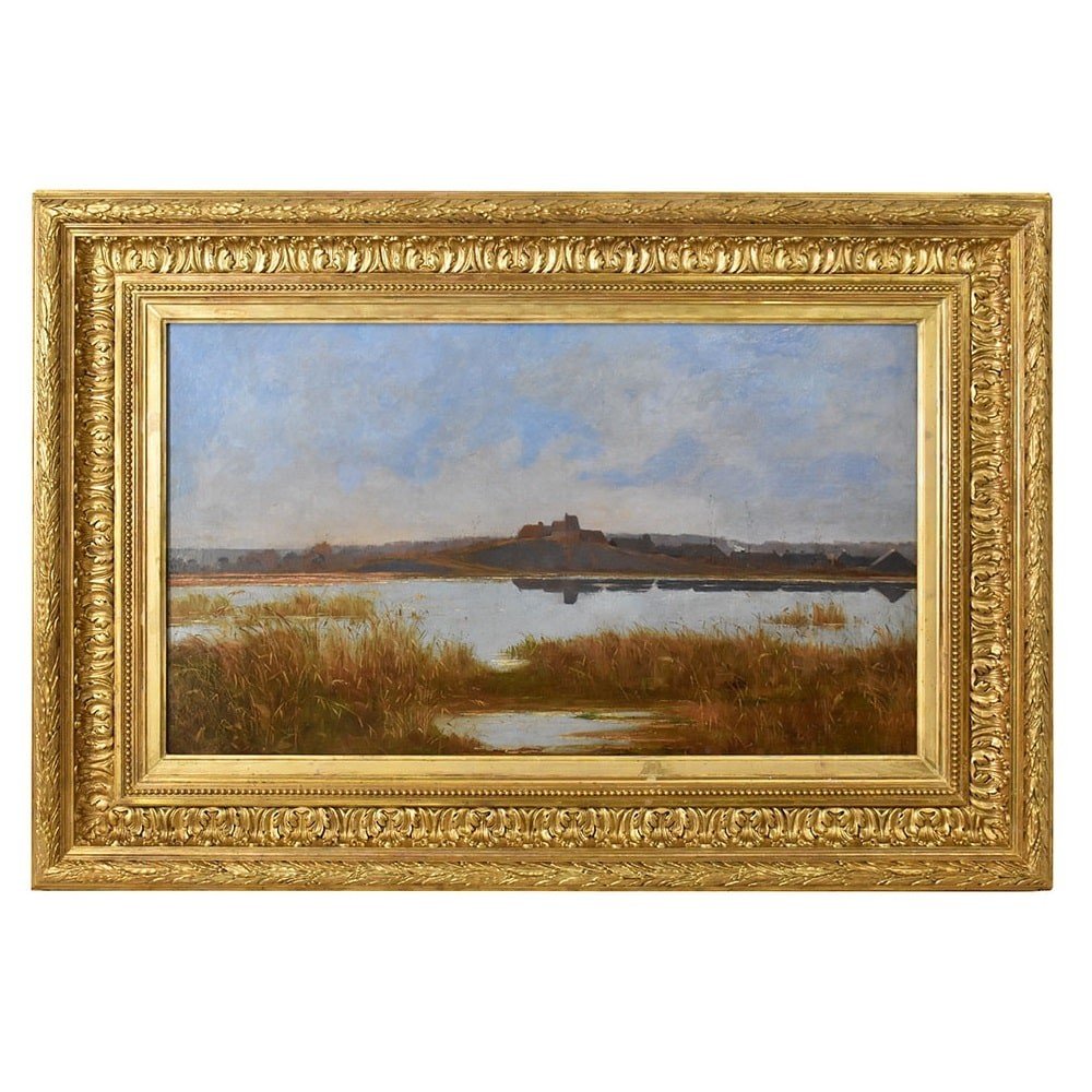 DIPINTI ANTICHI PAESAGGI, PAESAGGIO CON FIUME E VILLAGGIO, OLIO SU TELA, XIX SECOLO. (QP591)   