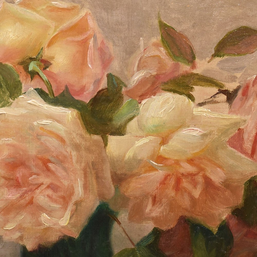Quadri Antichi, Natura Morta, Vaso Di Fiori Di Rose, Epoca Novecento, Art Deco. (QF640)-photo-1