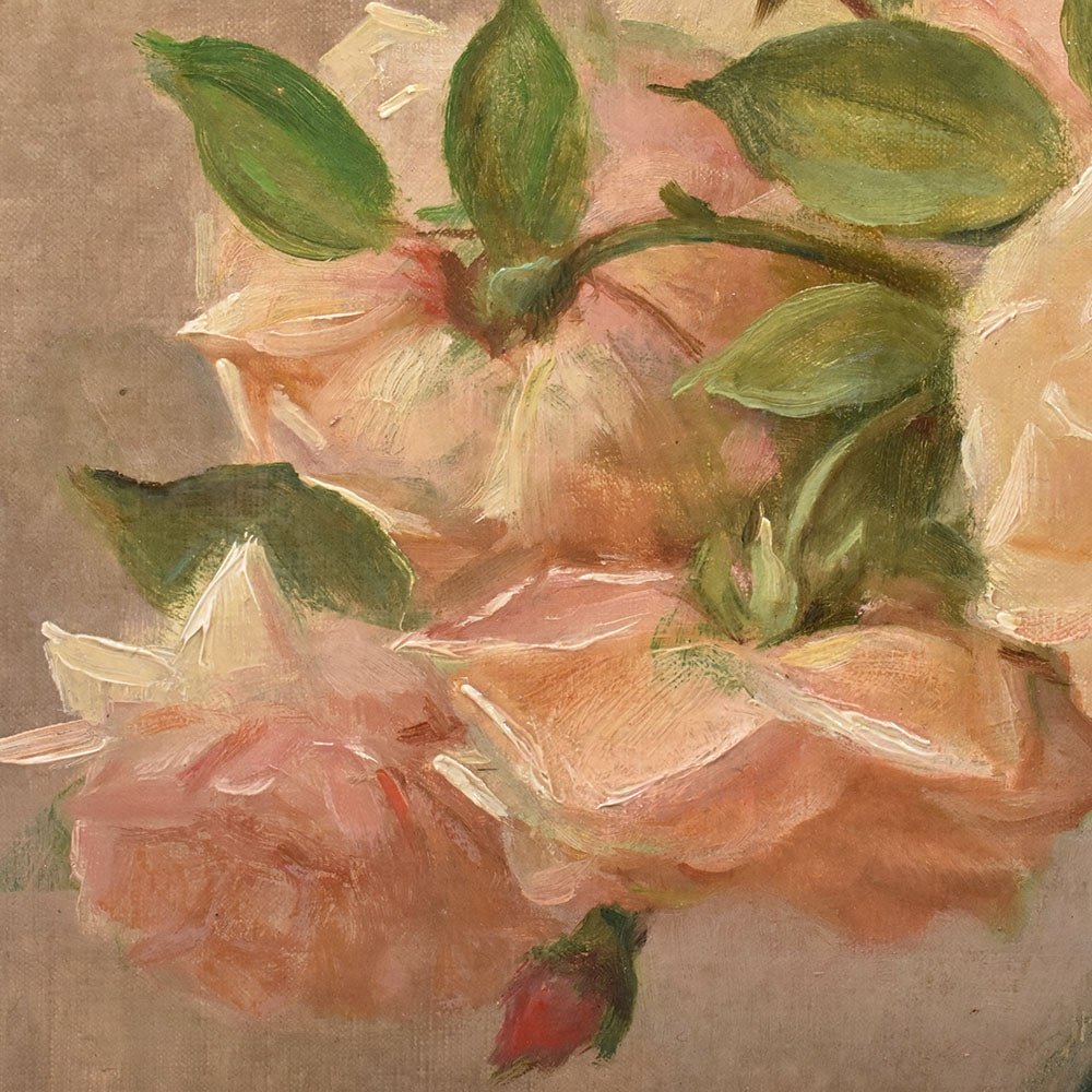 Quadri Antichi, Natura Morta, Vaso Di Fiori Di Rose, Epoca Novecento, Art Deco. (QF640)-photo-2