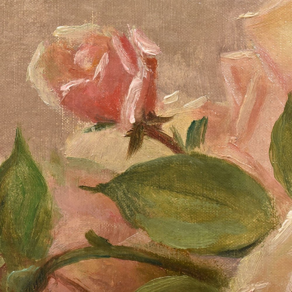 Quadri Antichi, Natura Morta, Vaso Di Fiori Di Rose, Epoca Novecento, Art Deco. (QF640)-photo-3
