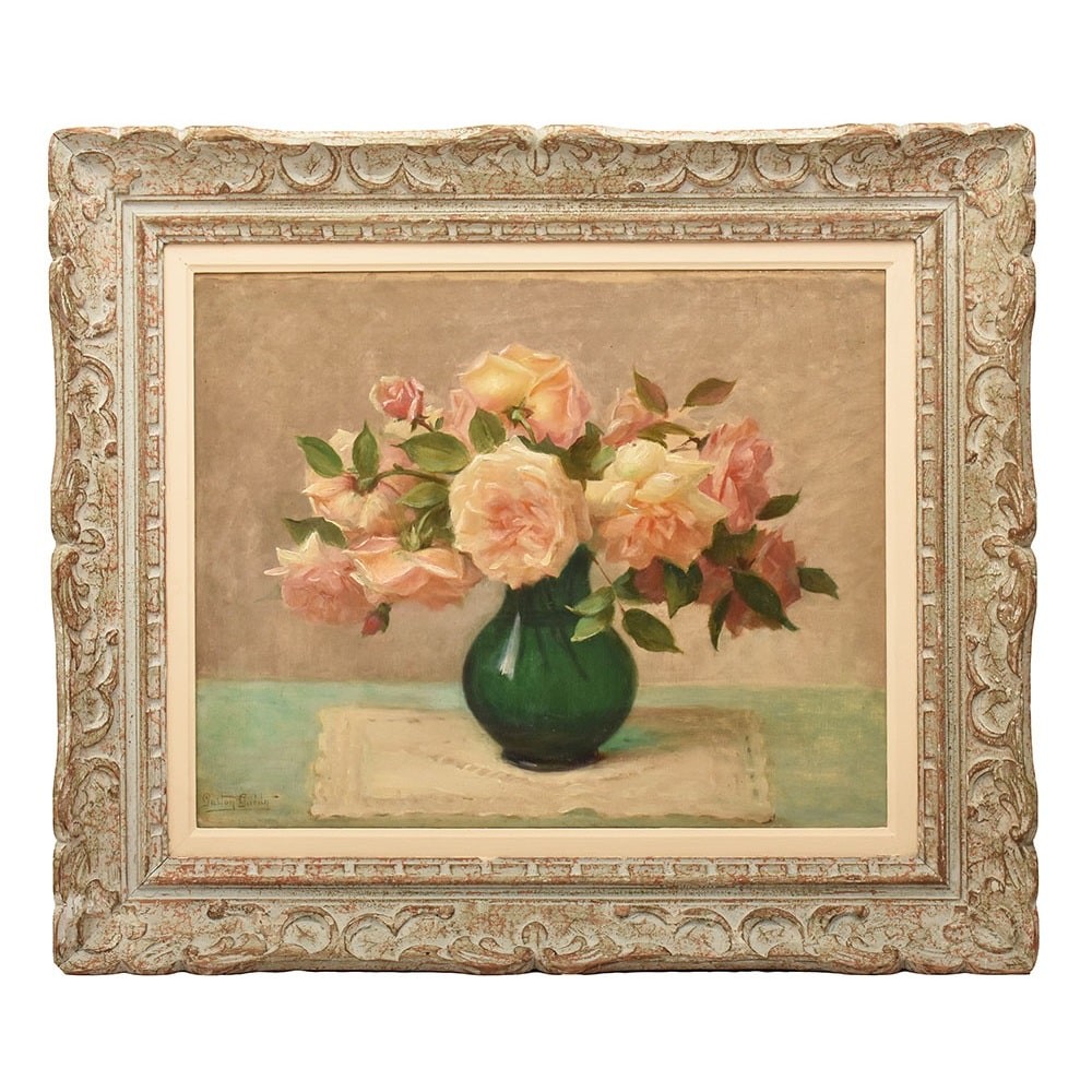 Quadri Antichi, Natura Morta, Vaso Di Fiori Di Rose, Epoca Novecento, Art Deco. (QF640)