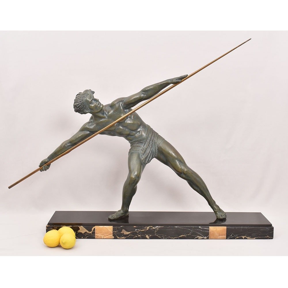 ANTICHE SCULTURE FRANCESI IN ANTIMONIO, CHIPARUS, GUERRIERO CON LANCIA, ART DECO. (STAN93)-photo-2