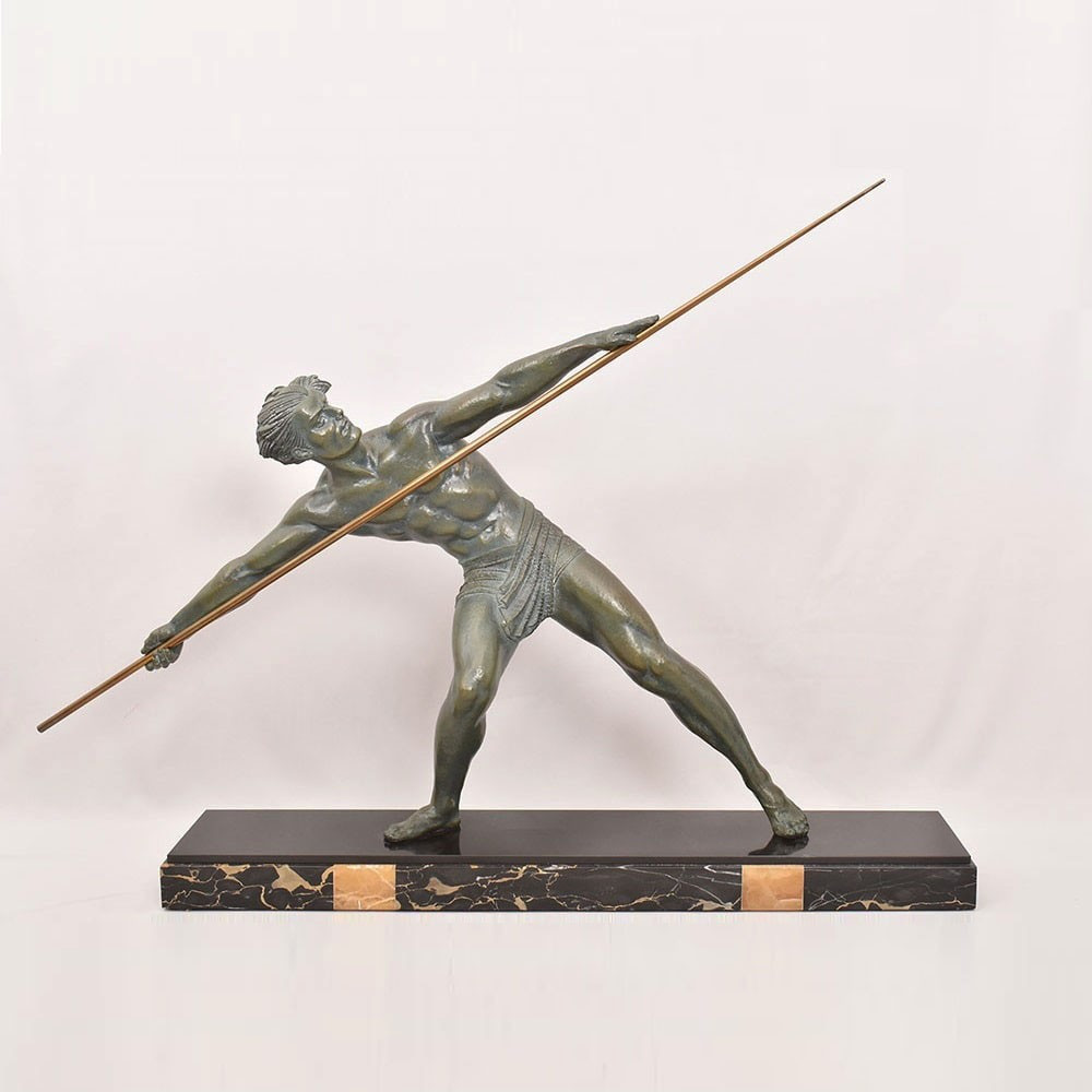 ANTICHE SCULTURE FRANCESI IN ANTIMONIO, CHIPARUS, GUERRIERO CON LANCIA, ART DECO. (STAN93)