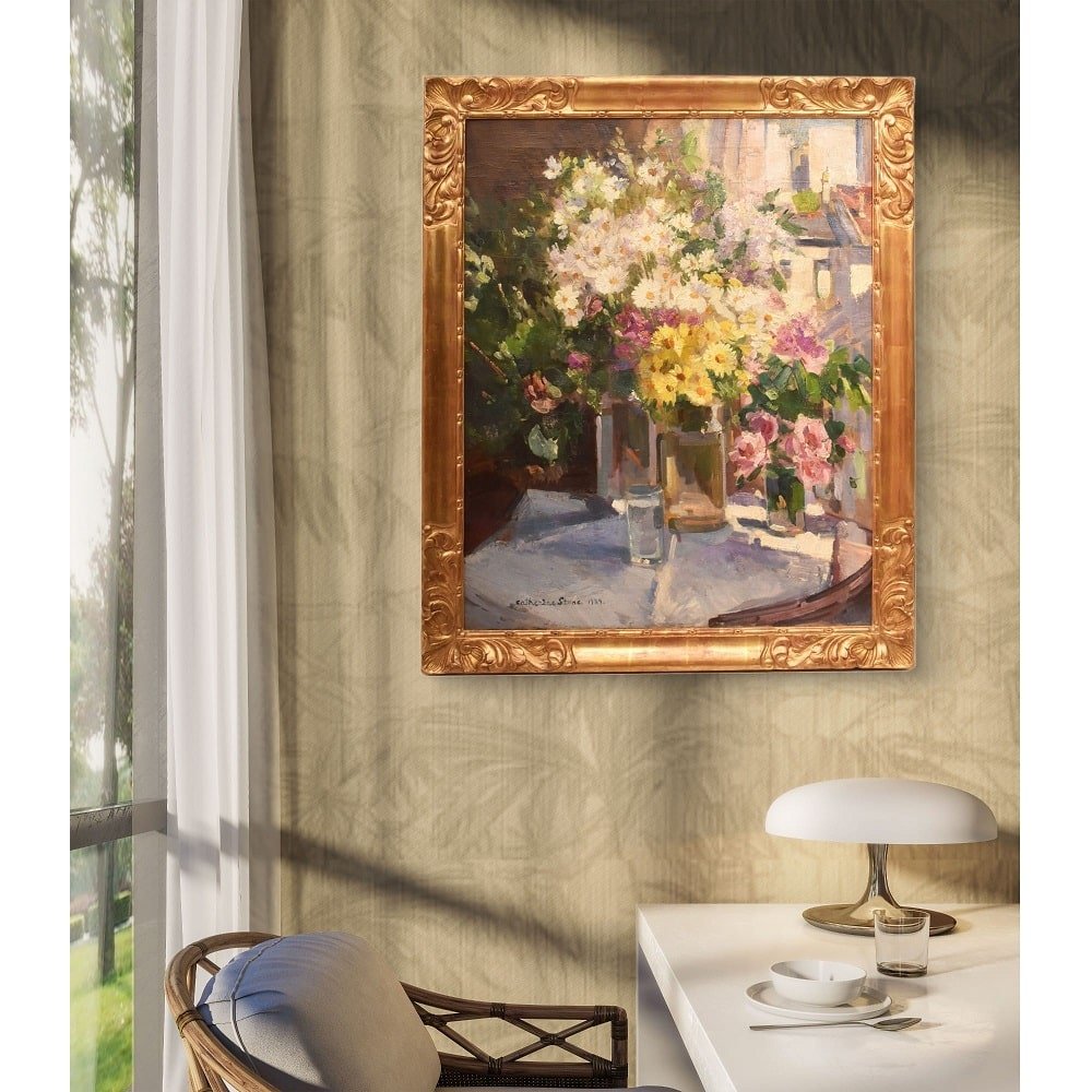 QUADRI ANTICHI, ART DECO, NATURA MORTA, FIORI DI ROSE E MARGHERITE, OLIO SU TELA, XX . (QF655)-photo-2