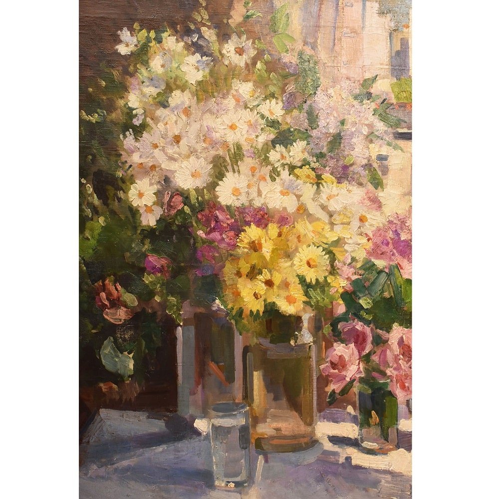 QUADRI ANTICHI, ART DECO, NATURA MORTA, FIORI DI ROSE E MARGHERITE, OLIO SU TELA, XX . (QF655)-photo-3