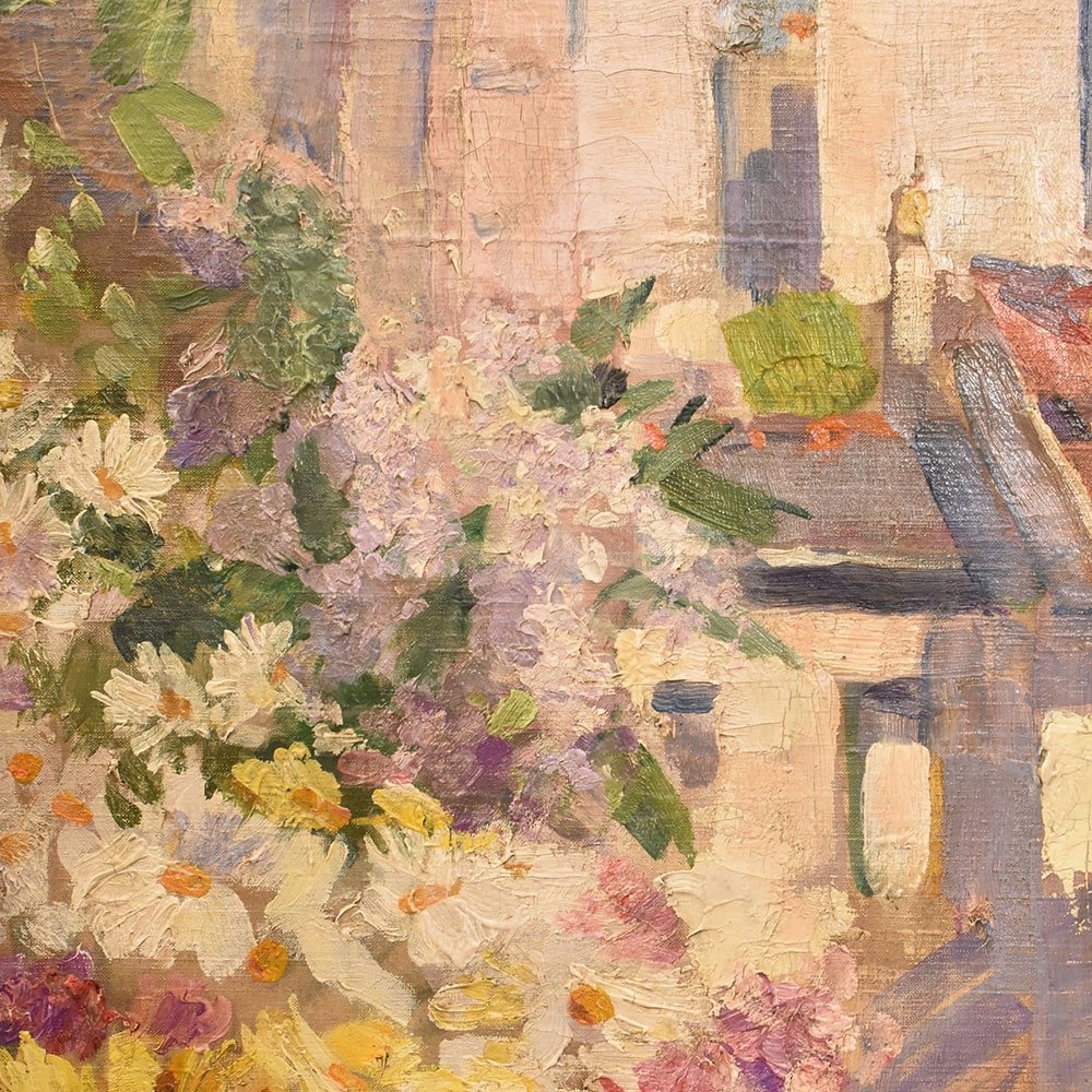 QUADRI ANTICHI, ART DECO, NATURA MORTA, FIORI DI ROSE E MARGHERITE, OLIO SU TELA, XX . (QF655)-photo-4