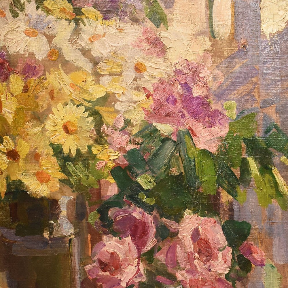 QUADRI ANTICHI, ART DECO, NATURA MORTA, FIORI DI ROSE E MARGHERITE, OLIO SU TELA, XX . (QF655)-photo-1