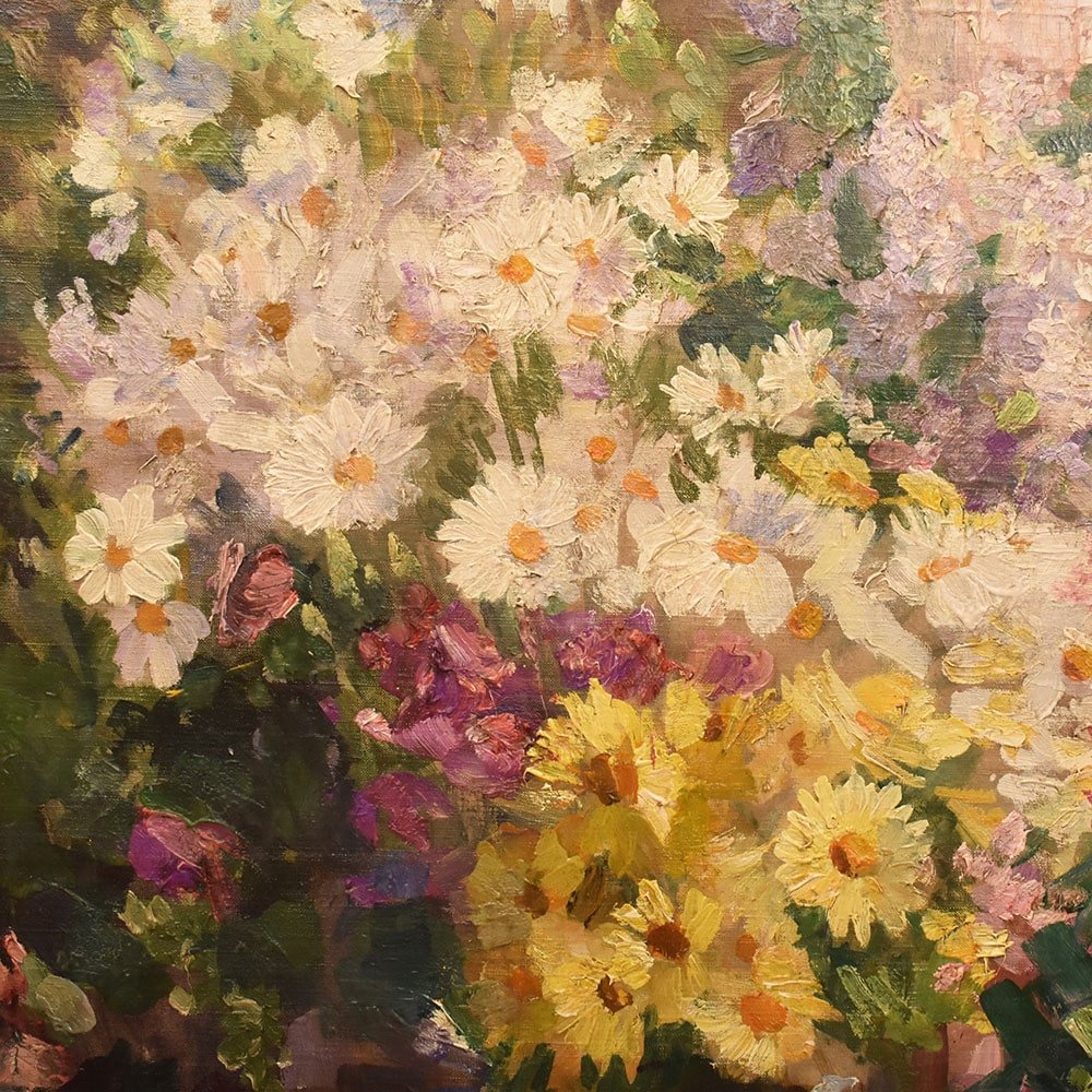 QUADRI ANTICHI, ART DECO, NATURA MORTA, FIORI DI ROSE E MARGHERITE, OLIO SU TELA, XX . (QF655)-photo-3