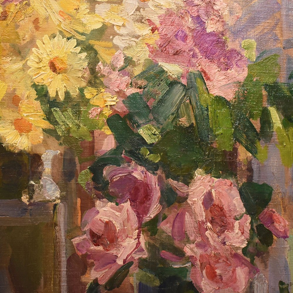 QUADRI ANTICHI, ART DECO, NATURA MORTA, FIORI DI ROSE E MARGHERITE, OLIO SU TELA, XX . (QF655)-photo-4