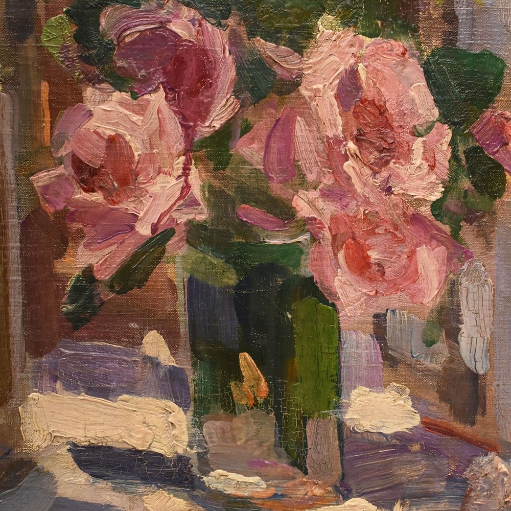 QUADRI ANTICHI, ART DECO, NATURA MORTA, FIORI DI ROSE E MARGHERITE, OLIO SU TELA, XX . (QF655)-photo-5