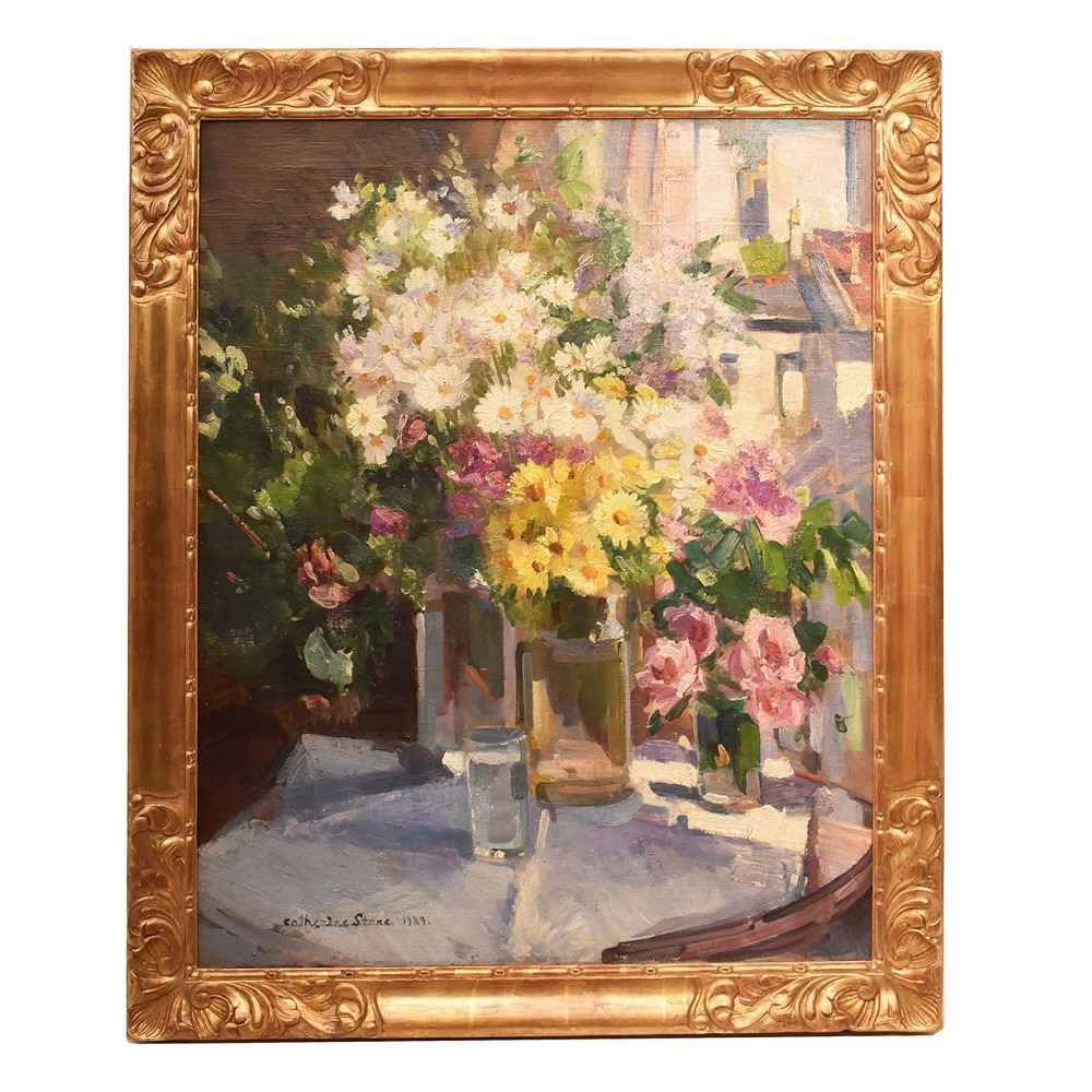 QUADRI ANTICHI, ART DECO, NATURA MORTA, FIORI DI ROSE E MARGHERITE, OLIO SU TELA, XX . (QF655)