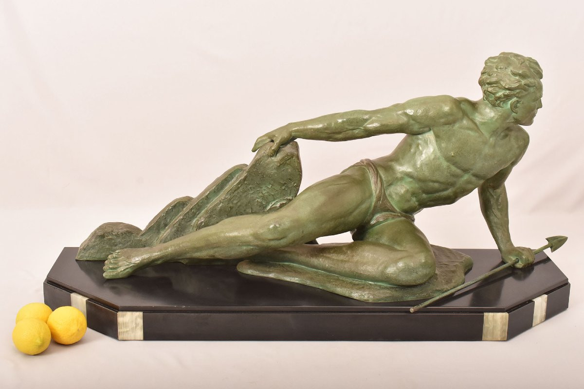 ART DÉCO, ANTICHE SCULTURE IN ANTIMONIO, UOMO CON LANCIA, RONCOURT, SCULTORE FRANCESE. (STAN94)-photo-2
