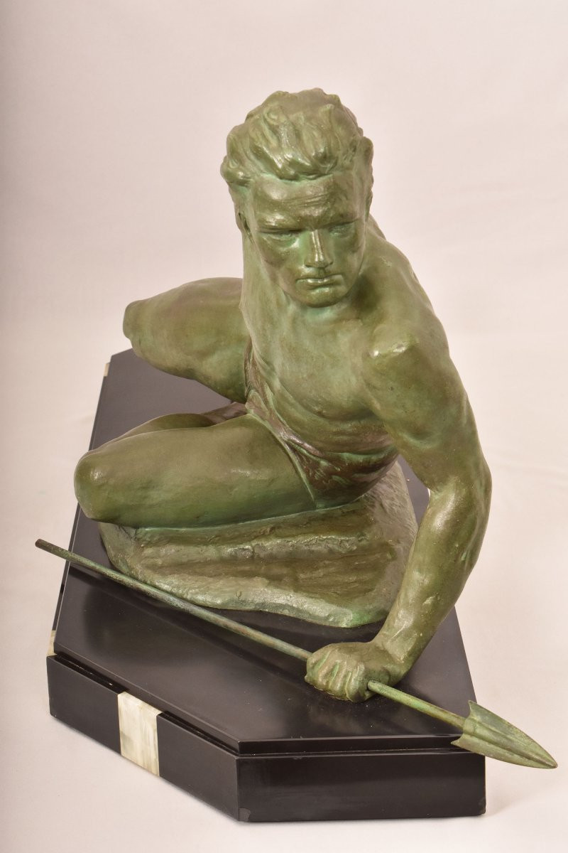 ART DÉCO, ANTICHE SCULTURE IN ANTIMONIO, UOMO CON LANCIA, RONCOURT, SCULTORE FRANCESE. (STAN94)-photo-3