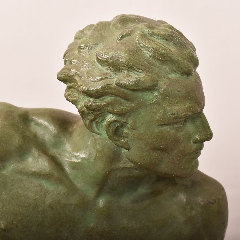 ART DÉCO, ANTICHE SCULTURE IN ANTIMONIO, UOMO CON LANCIA, RONCOURT, SCULTORE FRANCESE. (STAN94)-photo-1
