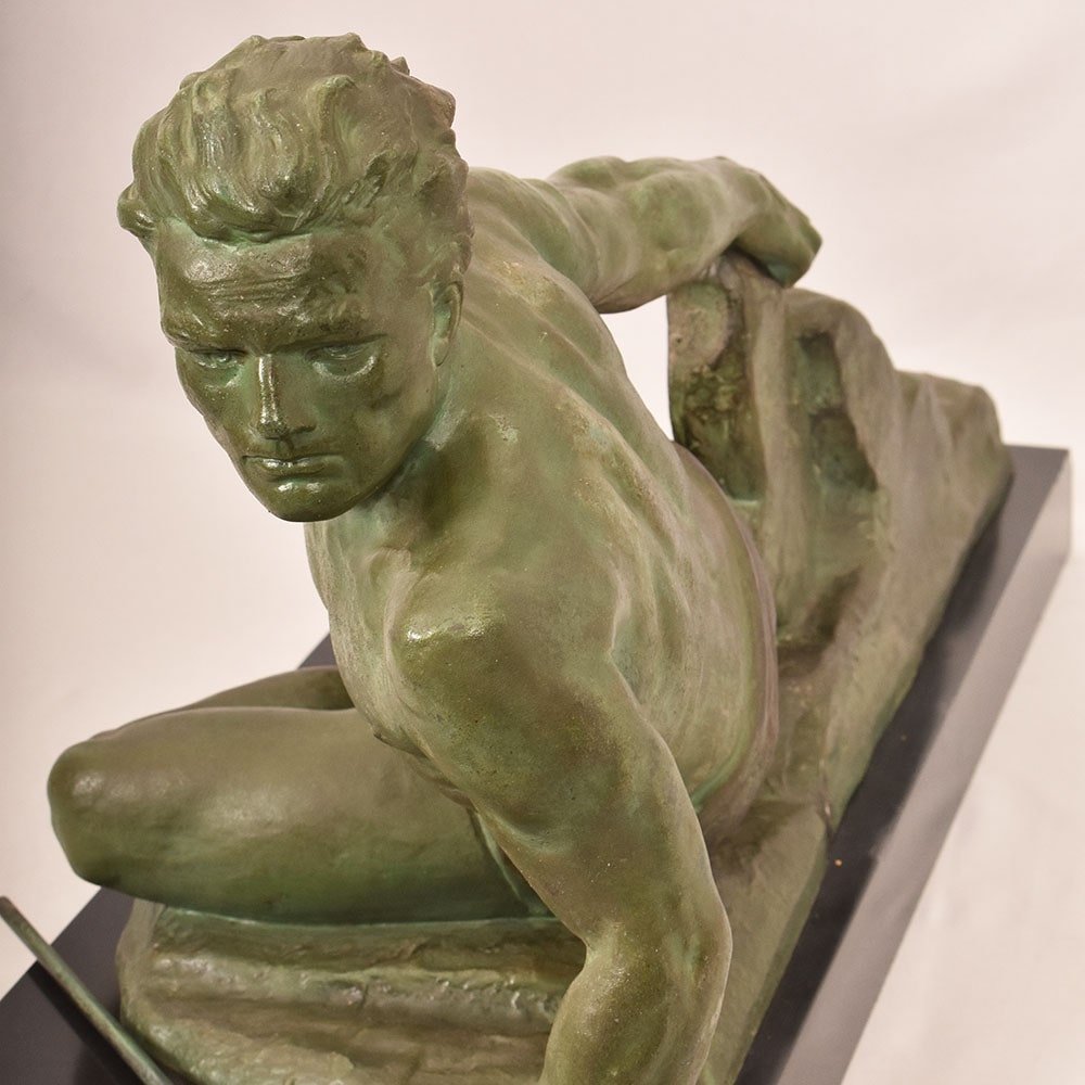 ART DÉCO, ANTICHE SCULTURE IN ANTIMONIO, UOMO CON LANCIA, RONCOURT, SCULTORE FRANCESE. (STAN94)-photo-2