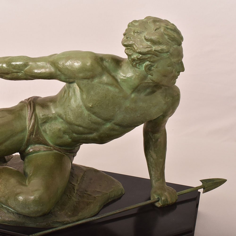 ART DÉCO, ANTICHE SCULTURE IN ANTIMONIO, UOMO CON LANCIA, RONCOURT, SCULTORE FRANCESE. (STAN94)-photo-3