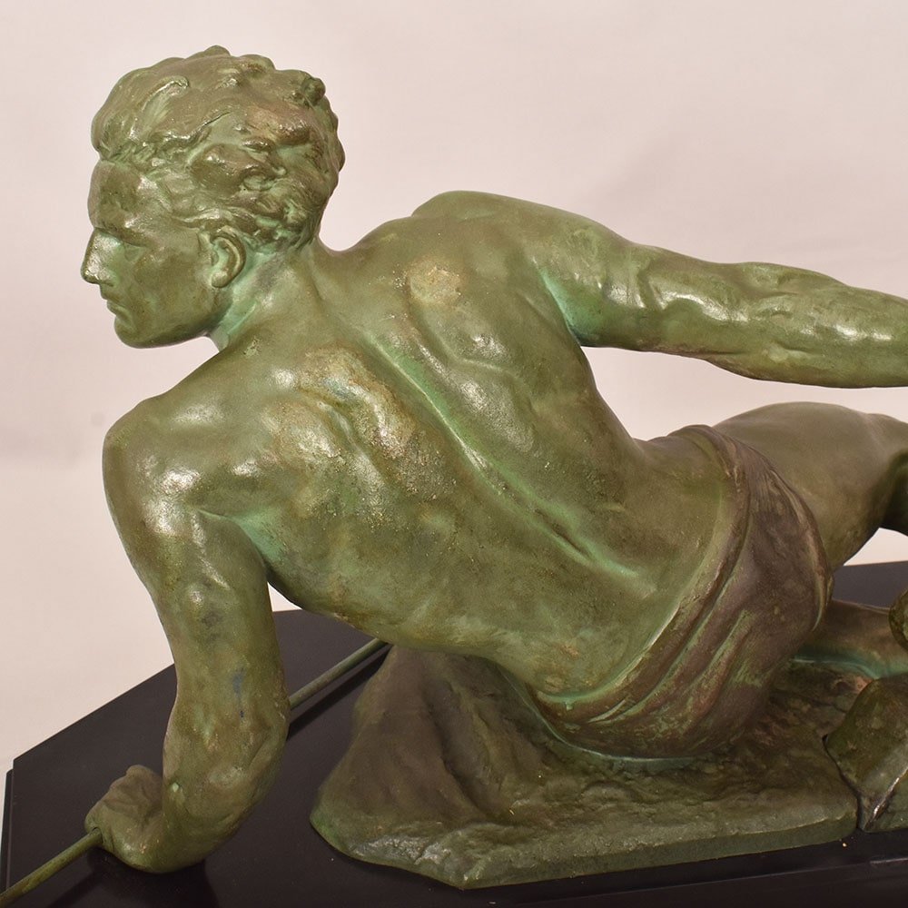 ART DÉCO, ANTICHE SCULTURE IN ANTIMONIO, UOMO CON LANCIA, RONCOURT, SCULTORE FRANCESE. (STAN94)-photo-4