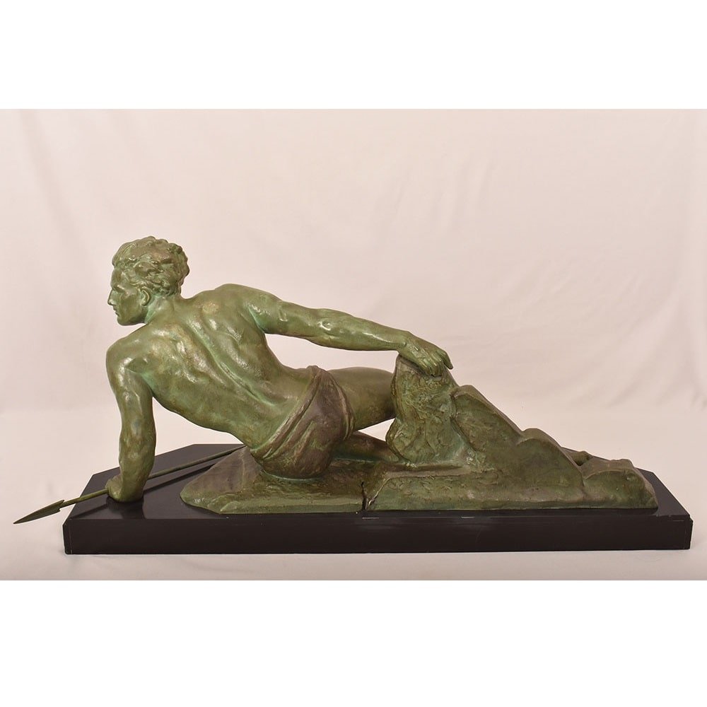 ART DÉCO, ANTICHE SCULTURE IN ANTIMONIO, UOMO CON LANCIA, RONCOURT, SCULTORE FRANCESE. (STAN94)-photo-5