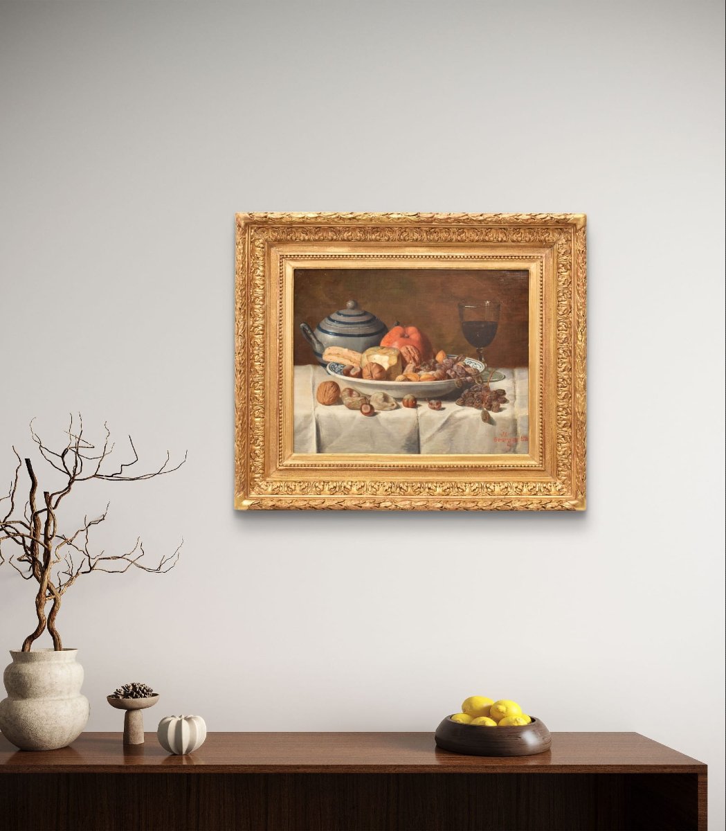 DIPINTI ANTICHI, NATURA MORTA CON FRUTTA E FORMAGGIO, OLIO SU TELA, XIX SECOLO. (QNM654)-photo-2
