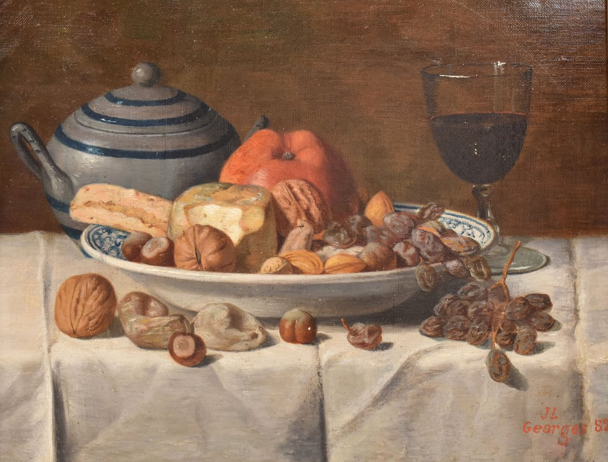 DIPINTI ANTICHI, NATURA MORTA CON FRUTTA E FORMAGGIO, OLIO SU TELA, XIX SECOLO. (QNM654)-photo-3