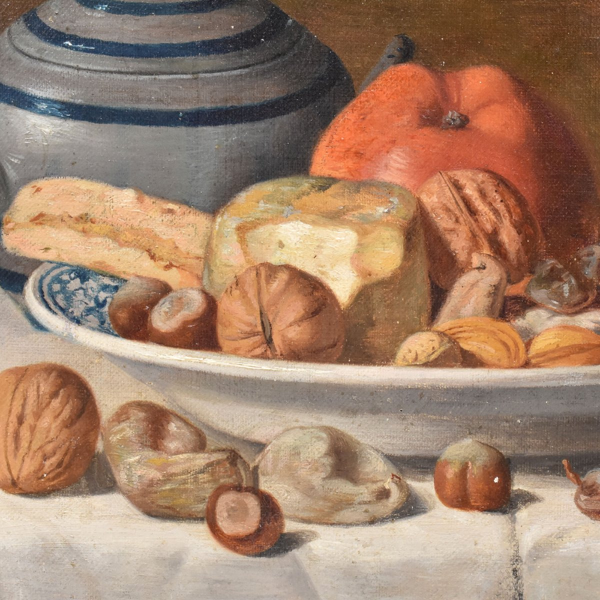 DIPINTI ANTICHI, NATURA MORTA CON FRUTTA E FORMAGGIO, OLIO SU TELA, XIX SECOLO. (QNM654)-photo-4