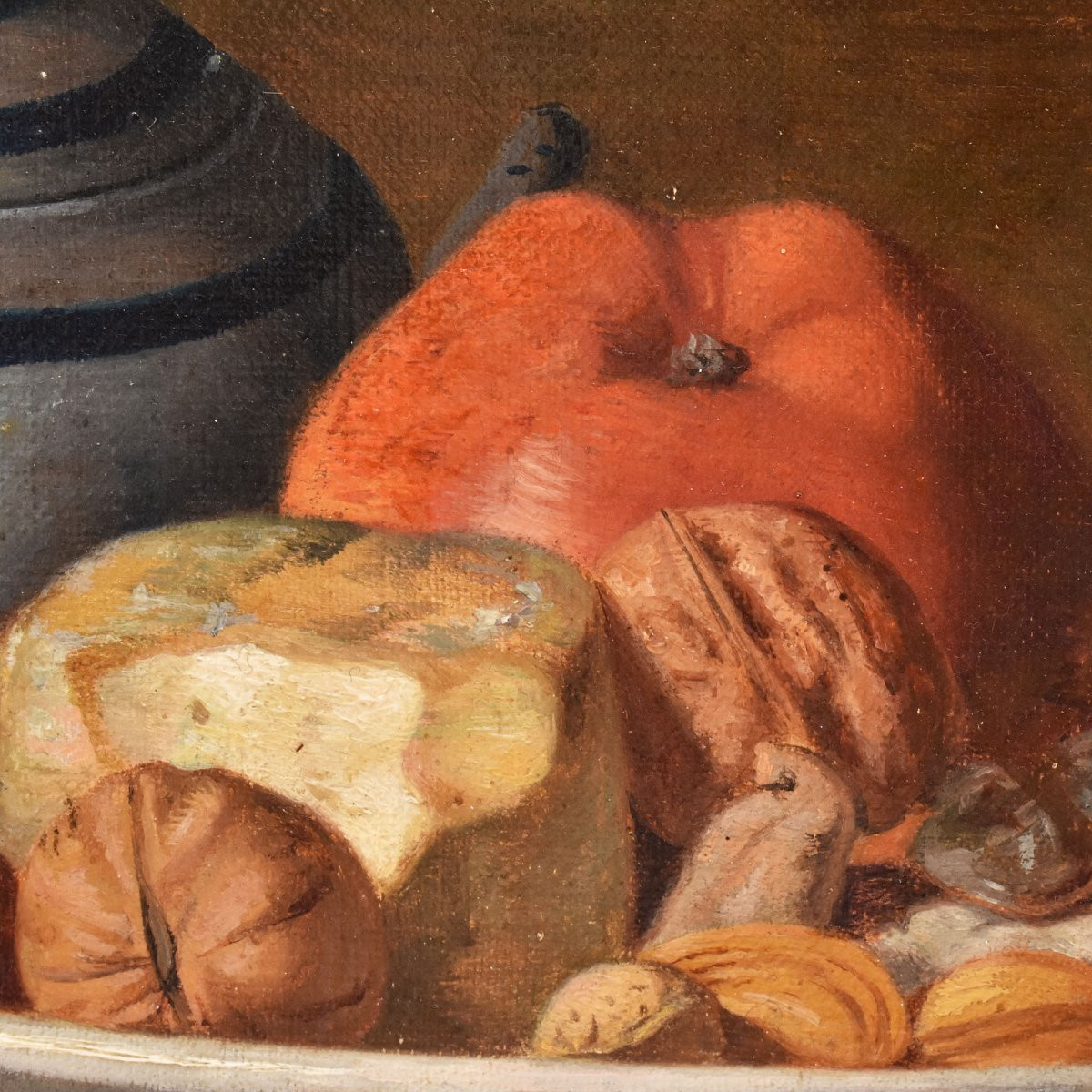 DIPINTI ANTICHI, NATURA MORTA CON FRUTTA E FORMAGGIO, OLIO SU TELA, XIX SECOLO. (QNM654)-photo-3