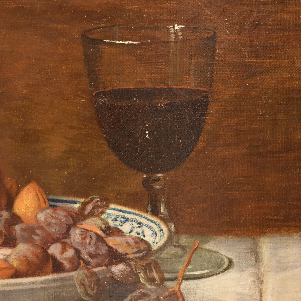 DIPINTI ANTICHI, NATURA MORTA CON FRUTTA E FORMAGGIO, OLIO SU TELA, XIX SECOLO. (QNM654)-photo-4