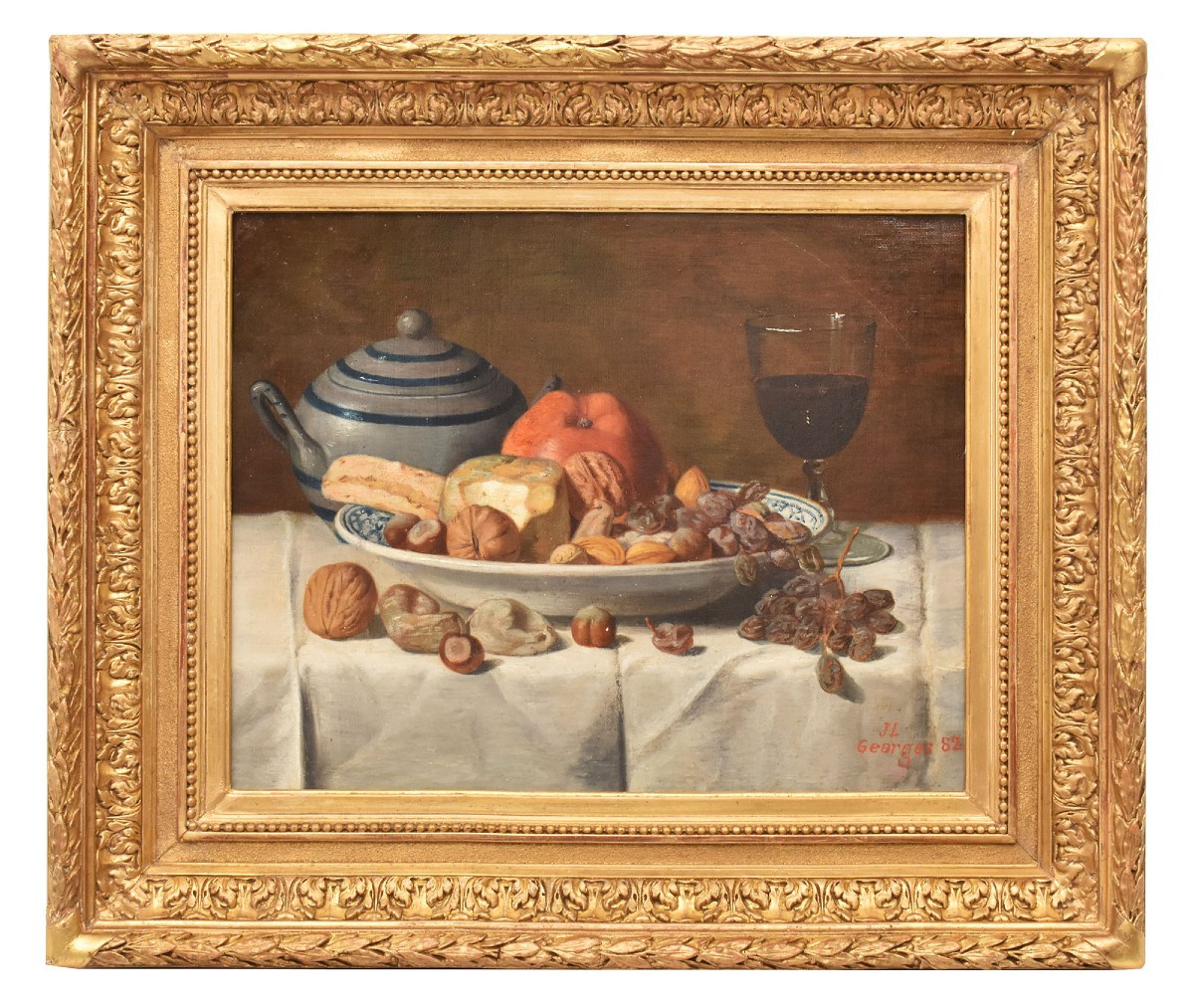 DIPINTI ANTICHI, NATURA MORTA CON FRUTTA E FORMAGGIO, OLIO SU TELA, XIX SECOLO. (QNM654)