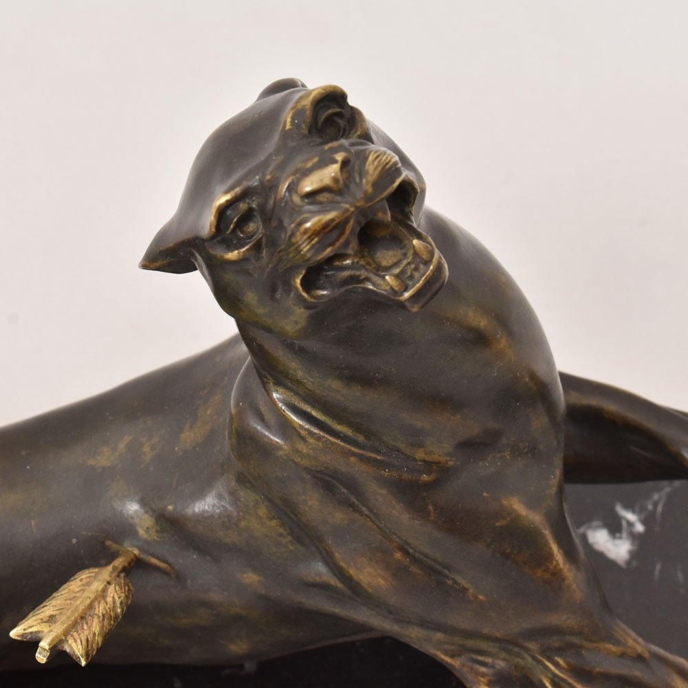 ANTICHE SCULTURE IN BRONZO, LEONESSA FERITA, CHARLES VALTON, SCULTORE FRANCESE, XIX. (STB96)-photo-1