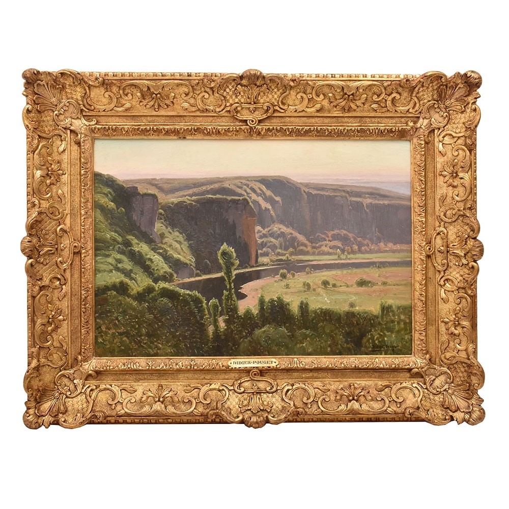 DIPINTI ANTICHI PAESAGGI E FIUME, VALLE DI CORREZE, DIDIER POUGET,  TELA, INIZIO XX. (QP657)