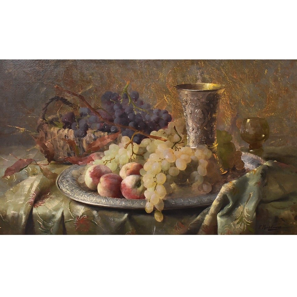 DIPINTI ANTICHI, NATURA MORTA CON FRUTTA, UVA E PESCHE, OLIO SU TELA, XIX SECOLO. (QNM659)-photo-2