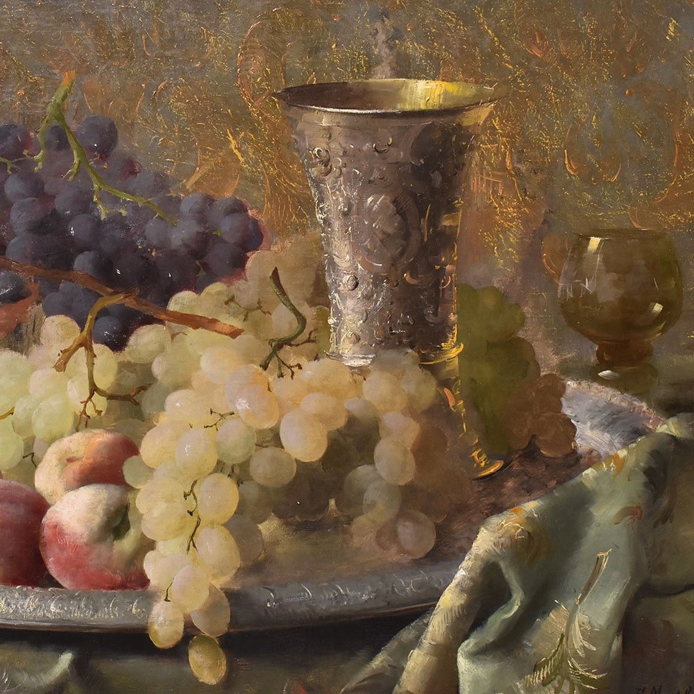 DIPINTI ANTICHI, NATURA MORTA CON FRUTTA, UVA E PESCHE, OLIO SU TELA, XIX SECOLO. (QNM659)-photo-3