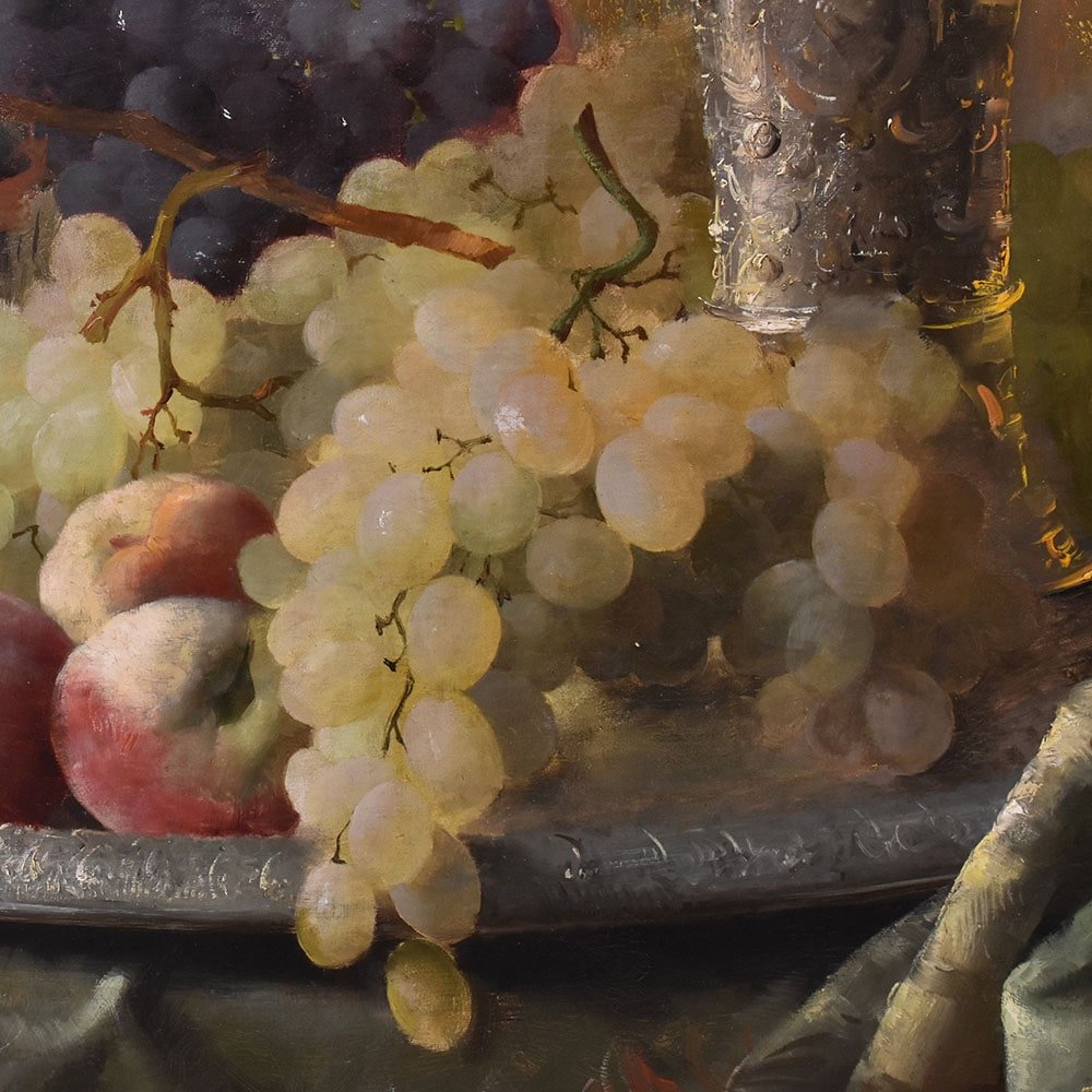 DIPINTI ANTICHI, NATURA MORTA CON FRUTTA, UVA E PESCHE, OLIO SU TELA, XIX SECOLO. (QNM659)-photo-4