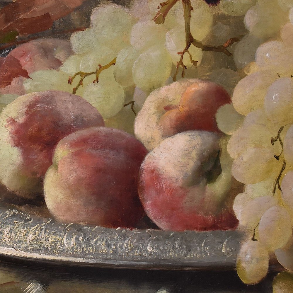 DIPINTI ANTICHI, NATURA MORTA CON FRUTTA, UVA E PESCHE, OLIO SU TELA, XIX SECOLO. (QNM659)-photo-1