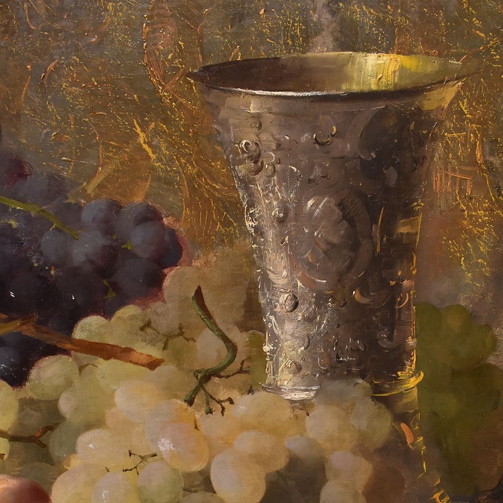DIPINTI ANTICHI, NATURA MORTA CON FRUTTA, UVA E PESCHE, OLIO SU TELA, XIX SECOLO. (QNM659)-photo-2