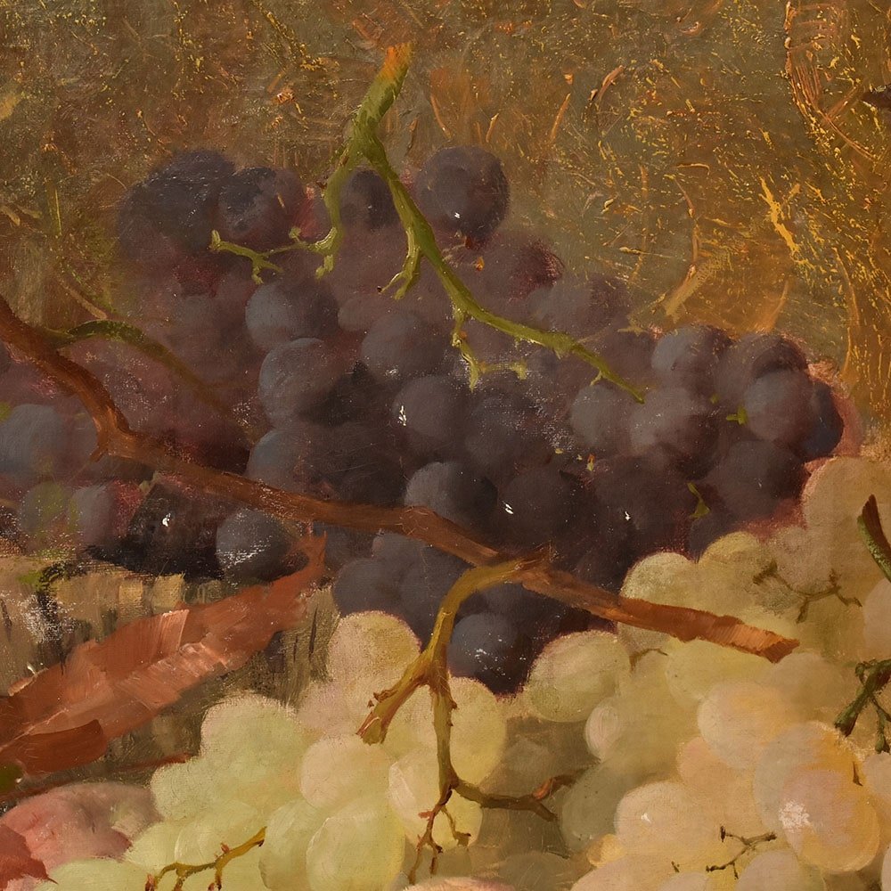 DIPINTI ANTICHI, NATURA MORTA CON FRUTTA, UVA E PESCHE, OLIO SU TELA, XIX SECOLO. (QNM659)-photo-3