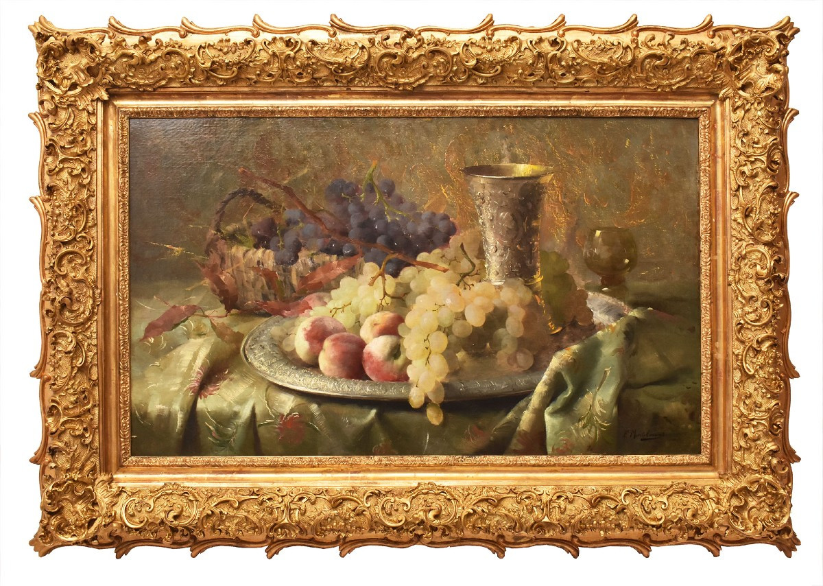 DIPINTI ANTICHI, NATURA MORTA CON FRUTTA, UVA E PESCHE, OLIO SU TELA, XIX SECOLO. (QNM659)