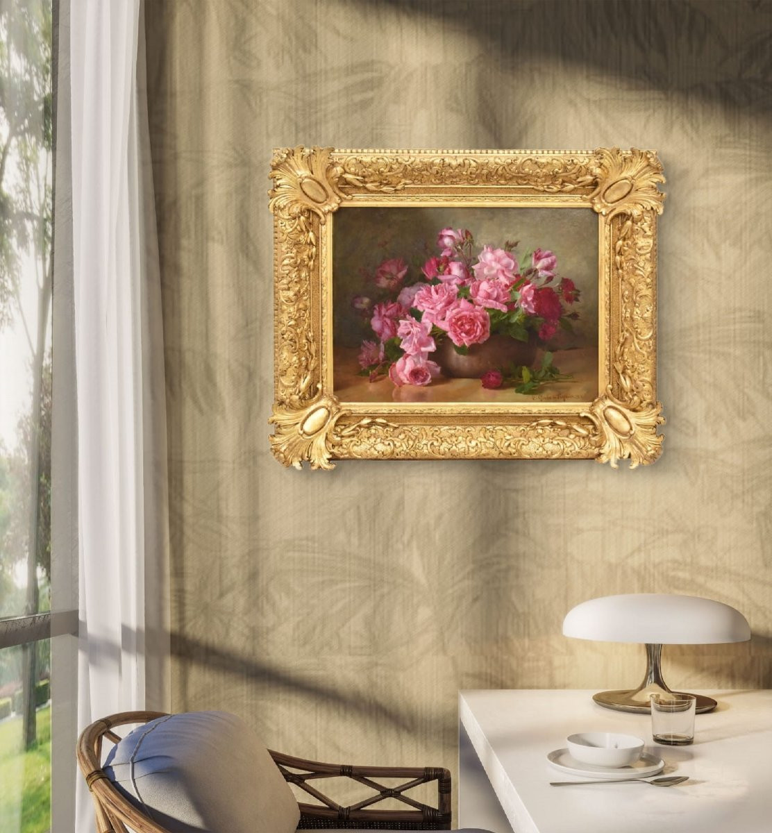 DIPINTI ANTICHI CON FIORI DI ROSE ROSSE, NATURE MORTE, OLIO SU TELA, PRIMI DEL XX. (QF661)-photo-2